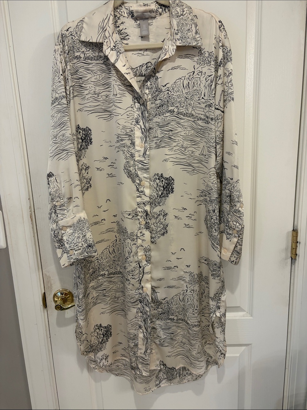 H&M Cream Long-Sleeve Scenic Print Shirt Dress